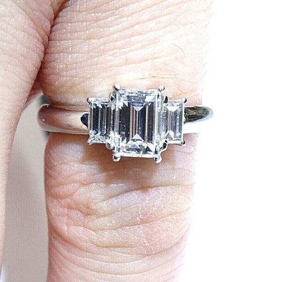 Fine Platinum 3 Stone Emerald Cut Engagement Ring